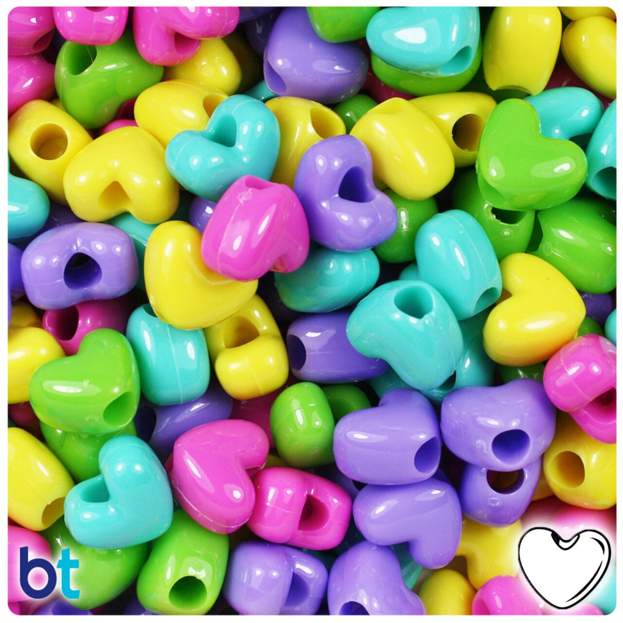 BeadTin Candy Opaque Mix 12mm Heart (VH) Plastic Pony Beads (250pcs)